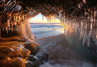 icicles, ice, lake, Russia, cave HD wallpaper