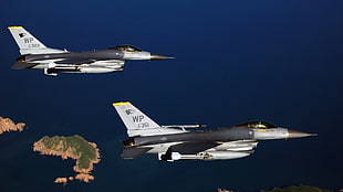 two grey-and-black planes, military aircraft, airplane, jets, General Dynamics F-16 Fighting Falcon