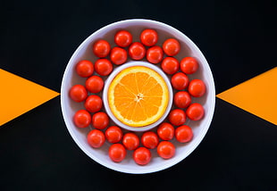 cherry tomatoes and lemon, orange (fruit), minimalism, food