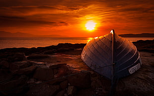 white and black dome tent, boat, rock, sunset