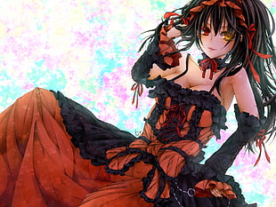 red and black female anime character illustration, Date A Live, Tokisaki Kurumi, heterochromia, cleavage