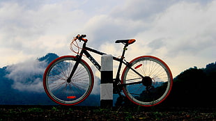 black and orange fixed road bike, bicycle, vehicle