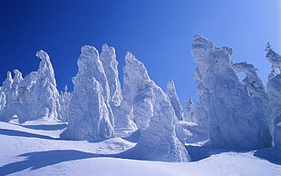 white rock formation, winter, snow, mountains, ice
