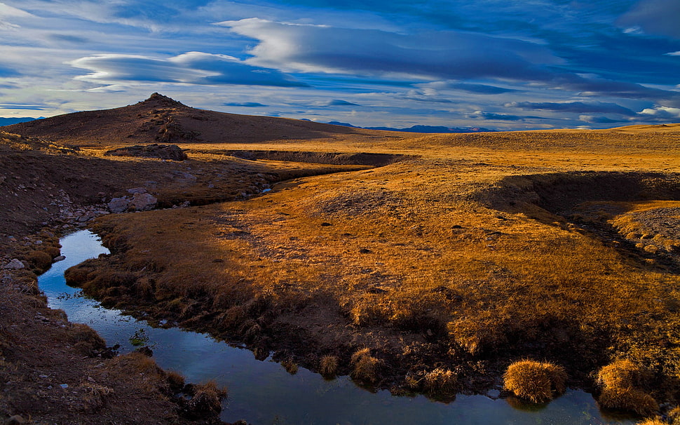 brown soil, landscape, water, nature, sky HD wallpaper