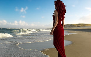 woman wearing red dress
