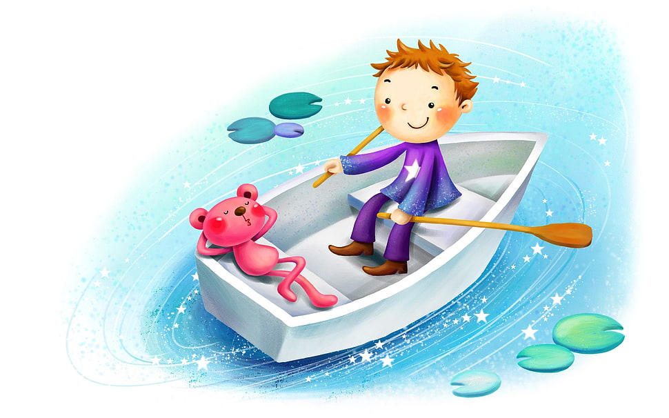 boy riding boat with red bear illustration HD wallpaper