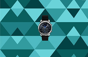 round silver-colored and black chronograph watch with black strap and green background HD wallpaper