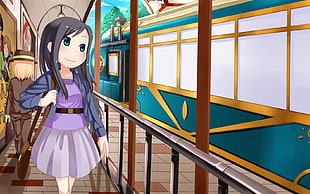 female anime wearing purple dress holding bag walking near train smiling
