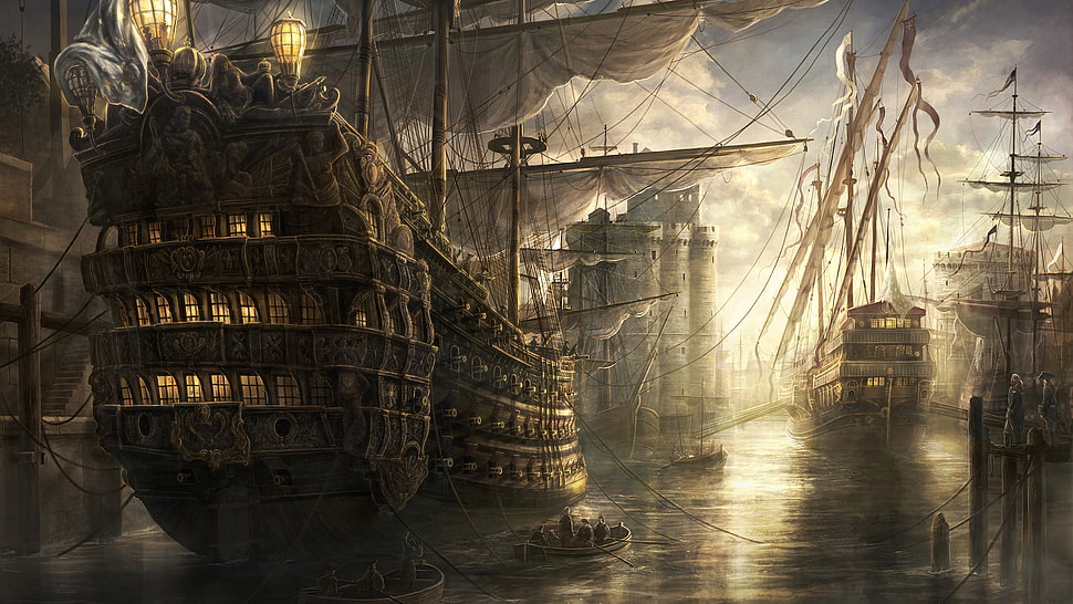 brown ship painting, Empire: Total War, artwork, video games HD wallpaper