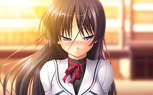 black haired girl anime character wearing school uniform