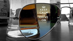 silver-colored framed Aviator-Style sunglasses, sunglasses, Keep Calm and..., quote, selective coloring