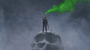 soldier standing on giant animal skull illustration