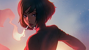 short-hailed smoking female anime character, Ilya Kuvshinov, drawing, smoking, redhead