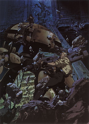 male anime character wearing brown jacket, Batou, Spider-tank, gun, Ghost in the Shell