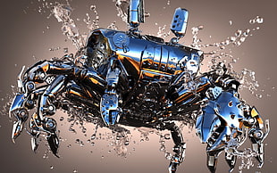 gray crab robot with water splashes against gray background