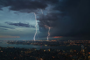 lightnings, Thunderstorm, City, Sky