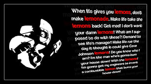 when life gives you lemons, don't make lemonade text, Portal (game), Portal 2, Cave Johnson, quote HD wallpaper