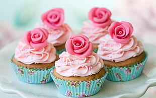 selective focus photography of rose-topping cupcakes