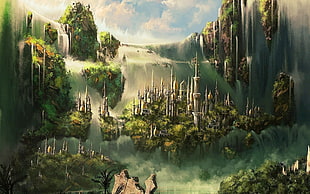 floating village illustration HD wallpaper