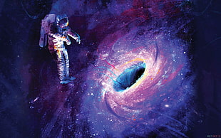 astronaut beside black hole painting, artwork, space, astronaut, space art HD wallpaper