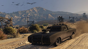 black muscle car running on dirt road game screenshot HD wallpaper