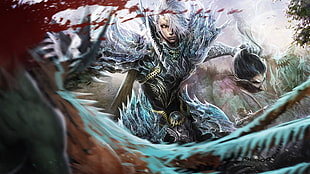 white haired man in blue and black armor illustration, artwork, warrior, blood, armor