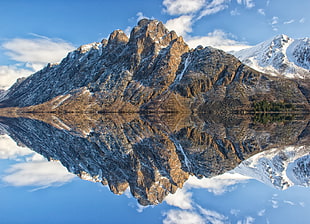 landscape reflection photography of snowy mountain surrounded with body of water during daytime