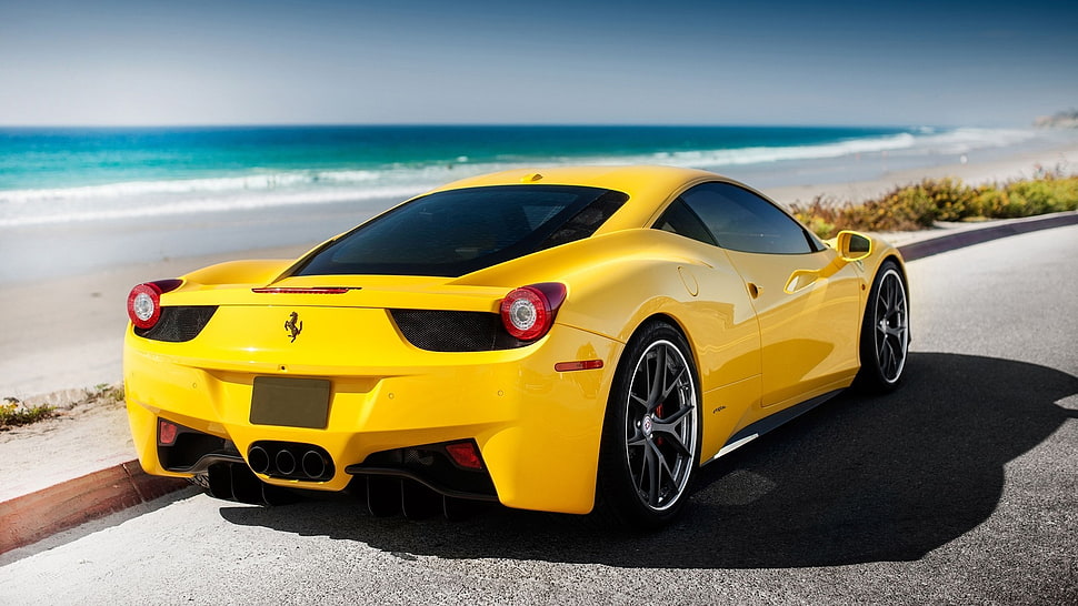 yellow Ferrari 458 Italia, Ferrari, Ferrari 458 Italia, car, beach HD wallpaper