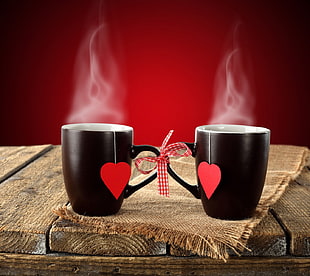 two black ceramic coffee mugs, nature, love
