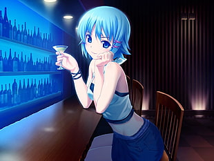Blue short hair Woman anime character holding martini glass