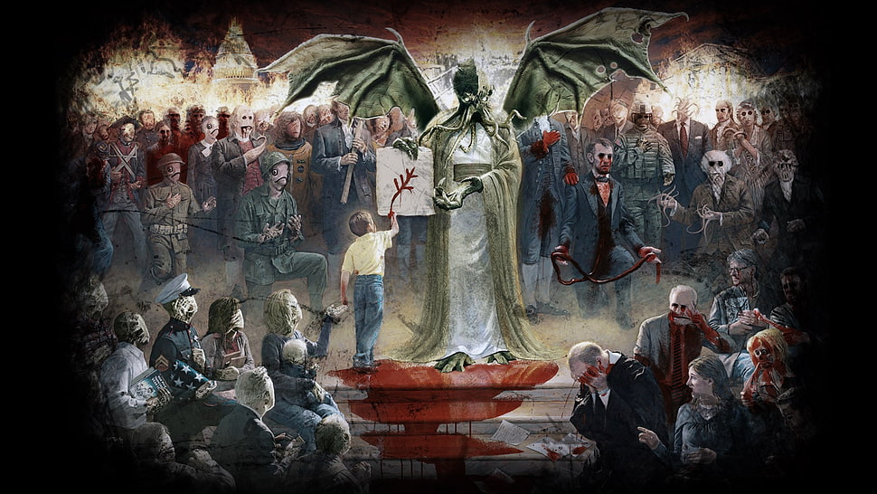 angel of death illustration, Cthulhu, horror, artwork, blood HD wallpaper