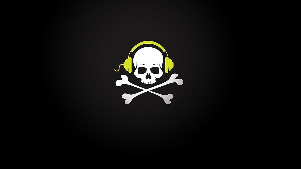 Jolly Roger wearing yellow headphones, skull and bones, headphones, gradient, minimalism HD wallpaper
