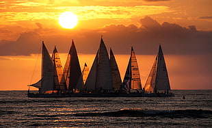 sailboats on wide ocean at sunset