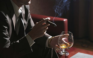 men's black suit jacket and clear wine glass, men, suits HD wallpaper