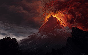 photo of volcano eruption with lava and black smoke HD wallpaper
