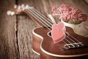 selective focus photography of brown ukulele with two pink heart scented soaps both on brown wooden tabletop