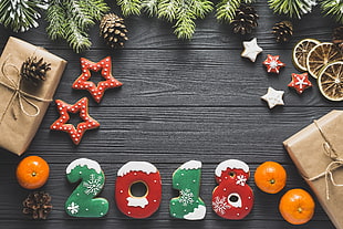 three orange fruits, New Year, 2018, fir-tree HD wallpaper