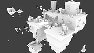 white wooden table with chairs, 3D, sky, voxels