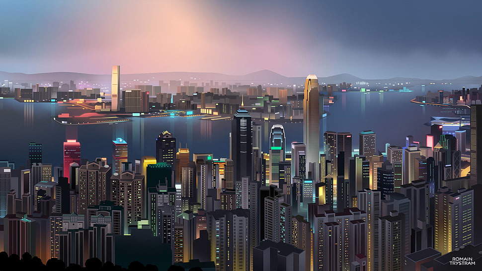 high-rise buildings illustration, Hong Kong, low poly, Romain Trystam HD wallpaper