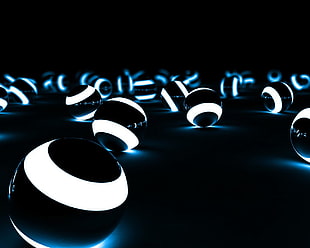 white-and-black lighted ball lot, balls, digital art, render, dark