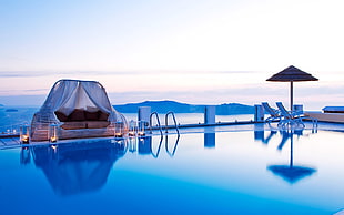 infinity pool, swimming pool, Greece, water, evening HD wallpaper