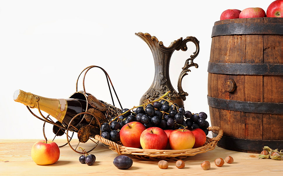 assorted fruits with wine bottle near barrel HD wallpaper