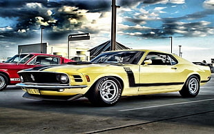yellow coupe illustration, Ford Mustang, car, boss 302, muscle cars