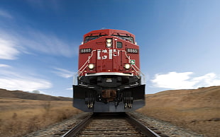 red and black train, diesel locomotive, freight train