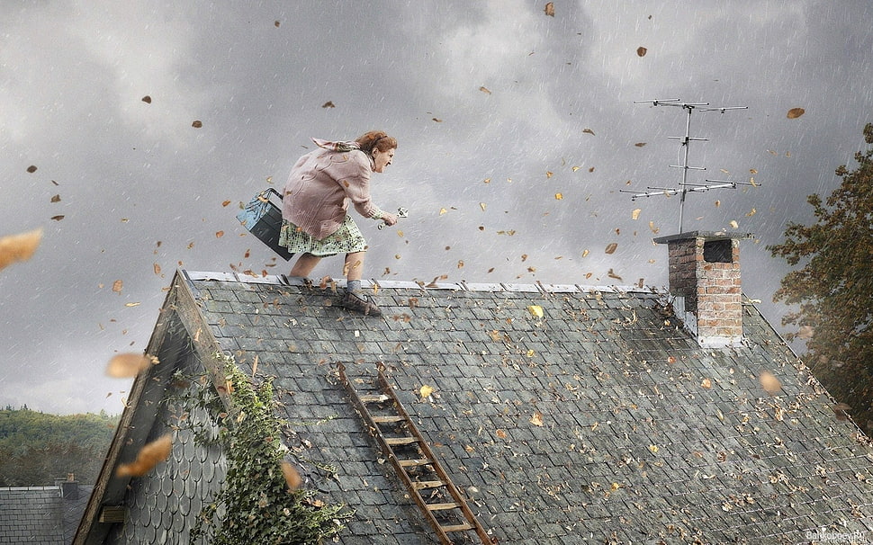 gray roof tiles, rooftops, ladders, artwork, wind HD wallpaper
