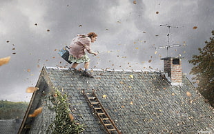 gray roof tiles, rooftops, ladders, artwork, wind
