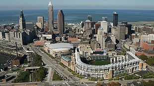 white baseball stadium, cityscape, city, landscape, Cleveland