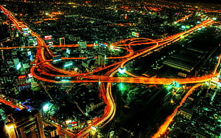 high-rise buildings, highway, cityscape, night, aerial view