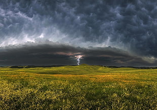 lightning hitting mountain, lightning, storm, field, clouds HD wallpaper