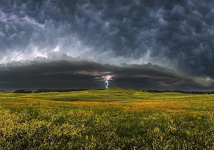 lightning hitting mountain, lightning, storm, field, clouds